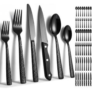 48 Pcs Black Hammered Silverware Set with Steak Knives Stainless Steel Flatware Set for 8 Vintage Metal Tableware Serving Utensils Mirror Polished Cutlery Dishwasher Safe for Restaurant