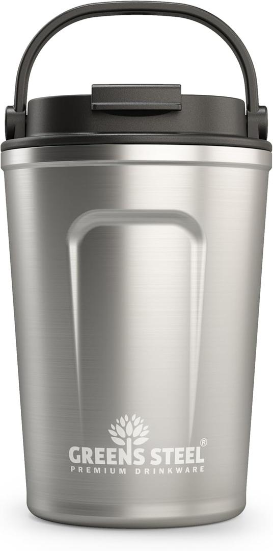 Greens Steel 12 oz Stainless Steel Insulated Coffee Mug, Silver - Leak-Proof Travel Thermos - Reusable Coffee Cup for Hot & Cold Drinks