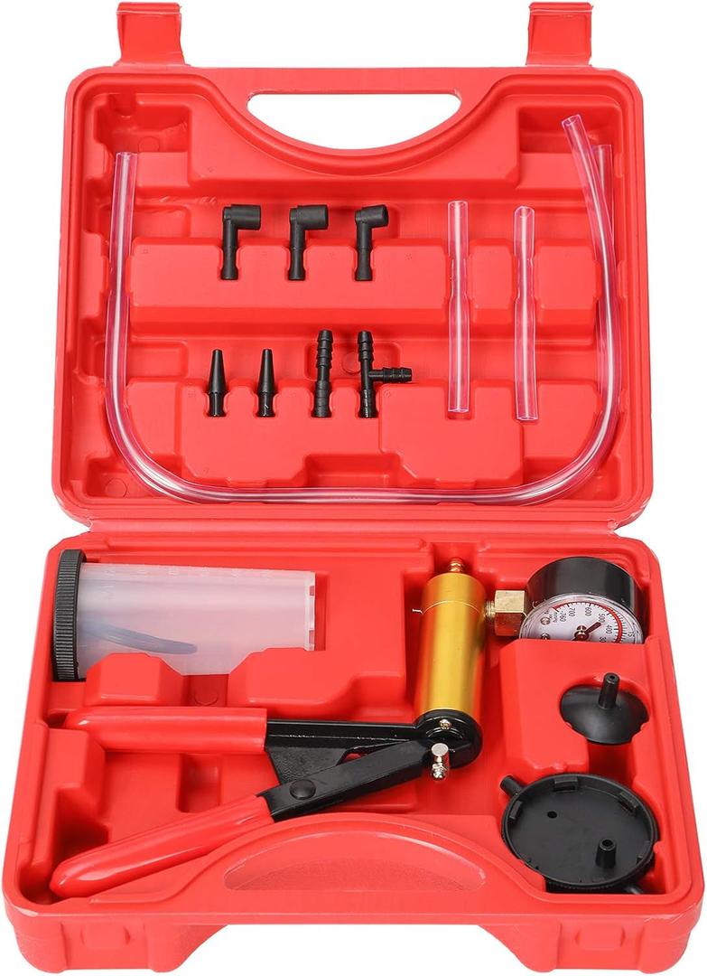 Yonligonju Brake Bleeder Kit with Hand Vacuum Pump with Gauge Adapters Automotive Brake Fluid Bleeding Set for Bike Car Truck (red)