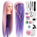 TopDirect 29" Mannequin Head with Hair,Doll Head for Cosmetology Hair Styling Training Head,Manikin Braiding Head With Clamp Holder and Styling Tools (Pink Purple)