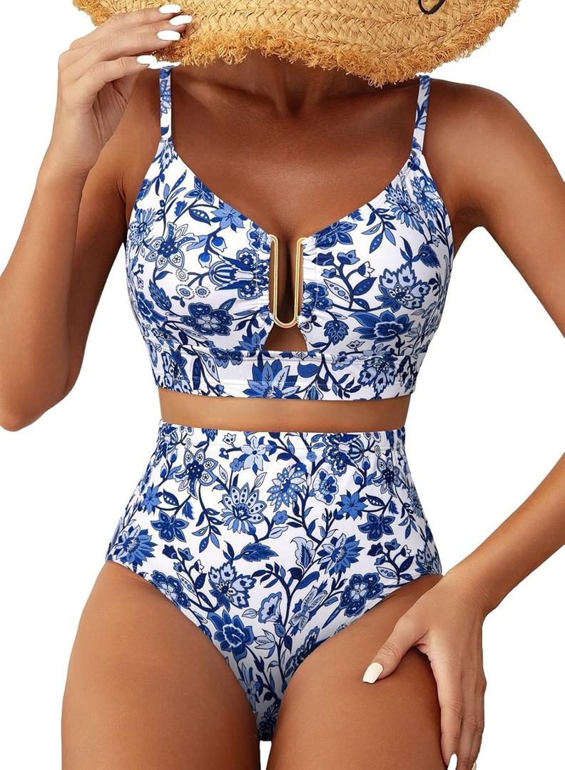 Herseas Womens 2 Piece High Waisted U Wire Bikini Set Floral Print Swimsuit Crisscross Back Bathing Suit Beach Swimwear (XX-Large)