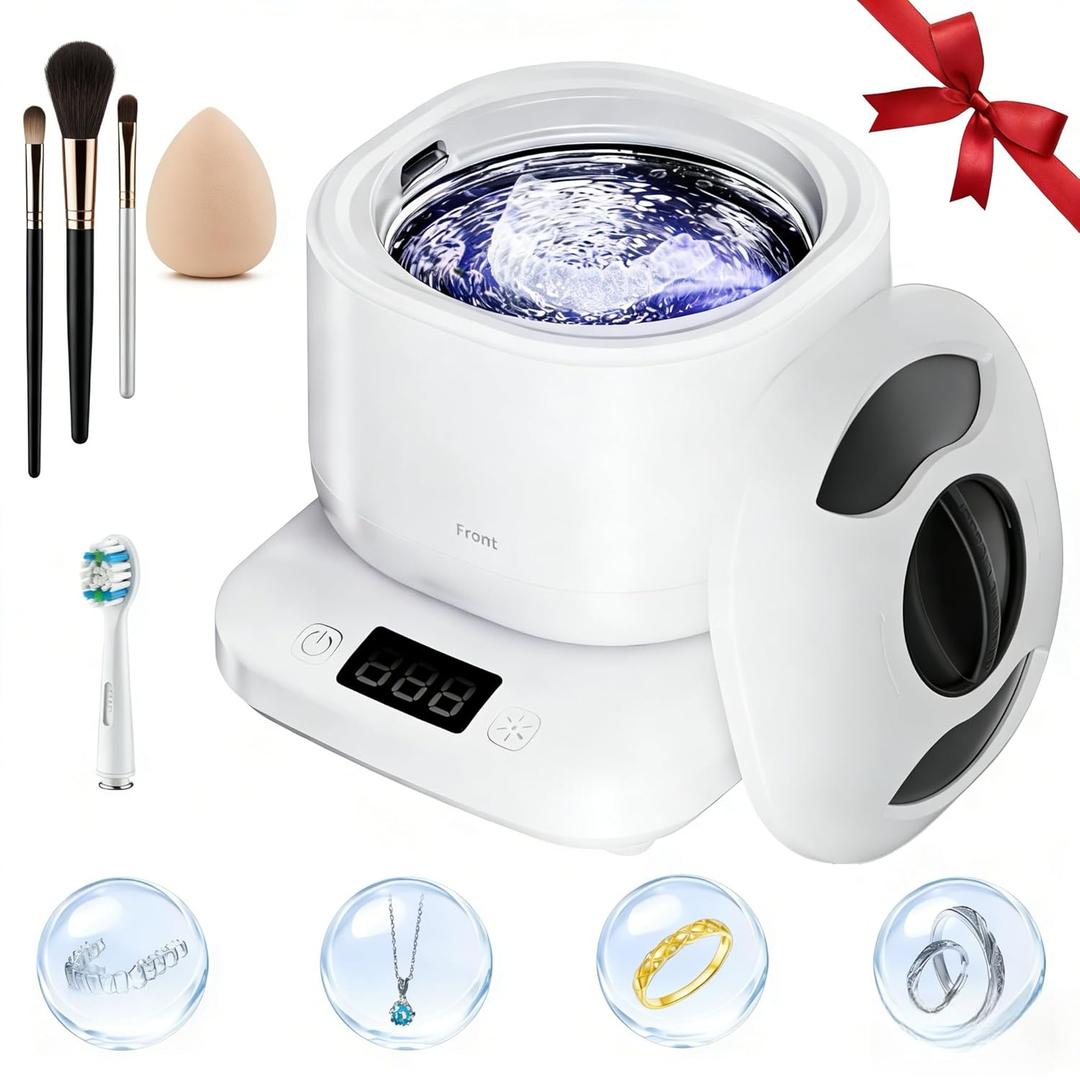Ultrasonic Jewelry & Makeup Tool Cleaner, Retainer Cleaner,40000-42000Hz U-V Dual-Action, 4 Modes, 45dB Quiet, SUS304 DetachableTank, IPX7 Waterproof with Cleaning Kit for Rings, Watches, Brushes (White)