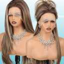 Straight 13x4 HD Lace Front Wig for Women, 26inch Heat Resistant Synthetic Hair Glueless Pre Plucked Straight Human Hair-Like Layered Wig with Realistic Scalp (Mixed Brown Color)
