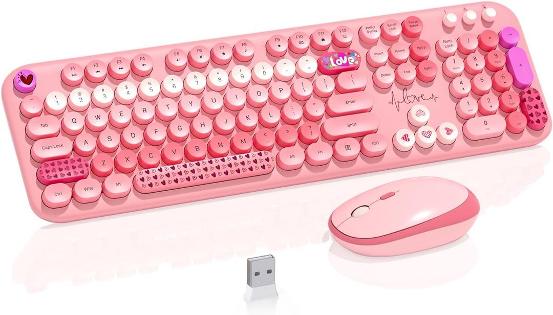 Wireless Keyboard Mouse, 104 Full Size Cute Colorful Keyboard and Mouse with Retro Typewriter for PC / Mac / Laptop / Tablet / Computer / Windows / Microsoft, Pink