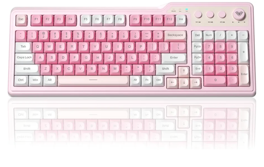 Aula F3099 Wireless Keyboard with Media Knob, Tri-Mode BT5.0/2.4GHz/USB-C Cute Creamy Keyboard with Number Pad, RGB Backlit Gaming Keyboard, Quiet Typing Pink Computer Keyboards for Office Laptop/PC