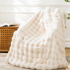 BENVWE Faux Fur Throw Blanket for Couch Bed - Fluffy Soft Thick Bubble Blanket for Living Room Home Decor - Mothers Day Birthday Gifts for Women, Cream White, 63" x 80"