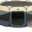 Portable Indoor Dog Playpen for Small Dogs & Puppies by A 4 Pet  40.55" Pop-Up Soft Puppy Playpens with Bowl, Waterproof Floor, Calm Safe Space for Home, Travel & Daily Use (Blue+Beige)