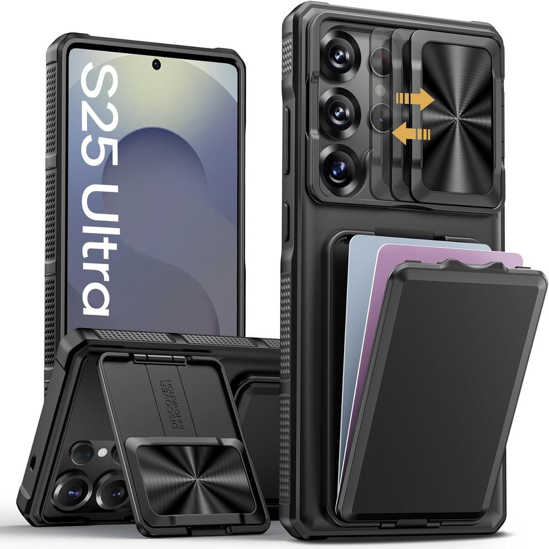 SSLOTSCASE for Samsung Galaxy S25 Ultra Case with Card Holder & Kickstand & Slide Camera Lens Cover, Silicone Edge Protection Rugged Heavy Duty Phone Case Cover for Galaxy S25 Ultra 5G 2025, Black