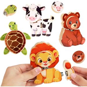 HUZU Animal Snap Wooden Building Blocks  Fun & Educational Puzzle Toy for Kids Aged 3-8, Features Cow, Bear, Lion and Turtle, Matching Game with Interchangeable Animal Faces & Emotions