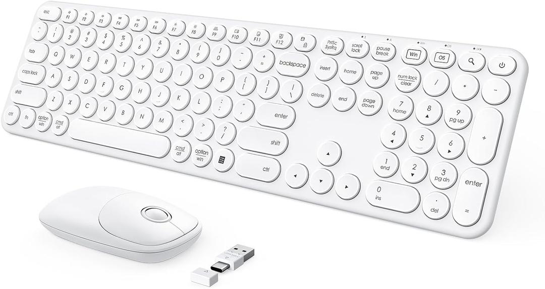 seenda Wireless Keyboard and Mouse, USB & Type C 2-in-1 Receiver, SK73-3 Full Size White Wireless Keyboard Mouse Combo, Compatible for Windows, MacBook Pro/Air, Laptop, Desktop, PC - White