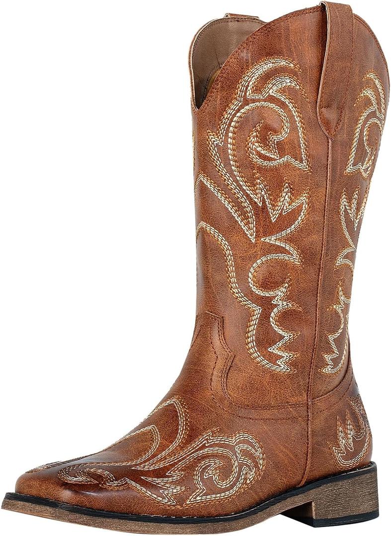 SheSole Women's Cowboy Cowgirl Boot Square Toe Western Mid Calf Boots (7, Brown)
