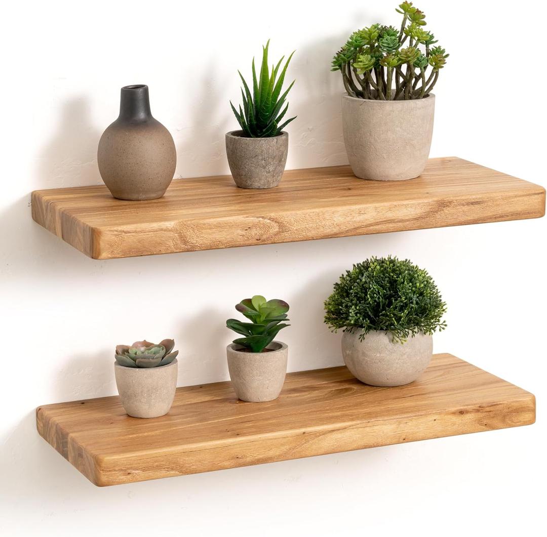 Fun Memories Rustic Solid Elm Wood Floating Shelves, 18" W x 8" D Floating Shelf Wall Mounted, 8 Inch Deep Wall Shelves, Wooden Bathroom Shelf for Home, Deep Bookshelf for Living Room, Set of 2