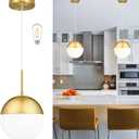 10 Inch Gold Mid Century Modern Pendant Light Pendants for Kitchen Island Frosted Milky White Glass Globe Height-Adjustable Modern Hanging Globe Pendant Light for Bedroom Foyer (Bulb Incl)