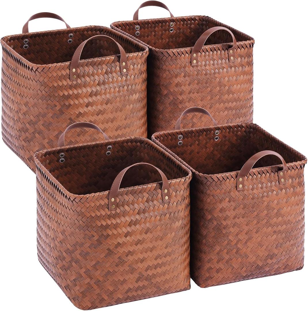 13x13x13 Laundry Baskets Hampers, Wicker Storage Baskets for Shelves, Woven Basket for Blankets, Clothes, Organizer Storage Bins with Handles, Set of 4-Brown