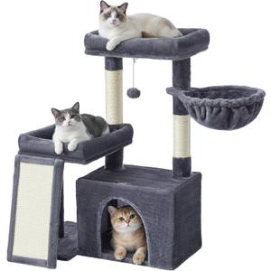 Feandrea Cat Tree, Cat Tower Condo with Scratching Posts and Ramp, 2 Large Perches, Cave, Basket, 33.8 Inches Tall, Dark Gray UPCT013GS02S