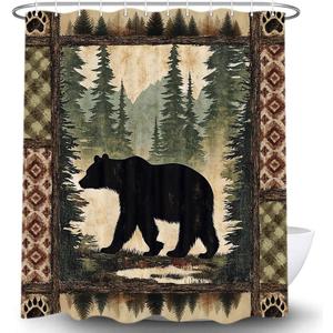 Cabin Bear Shower Curtain, Rustic Deer Hunting Decor Bath Curtains, Farmhouse Country Wooden Camping Forest Waterproof Fabric Bathroom Accessories Set, 69X78 inch with Hooks