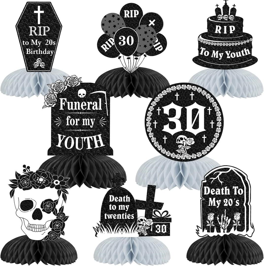 8Pcs Rip to My 20s Honeycomb Centerpieces, Funeral for My Youth Table Decorations Gothic Table Toppers, Black Silver Goth 30th Birthday Halloween Party Supplies for Men Women