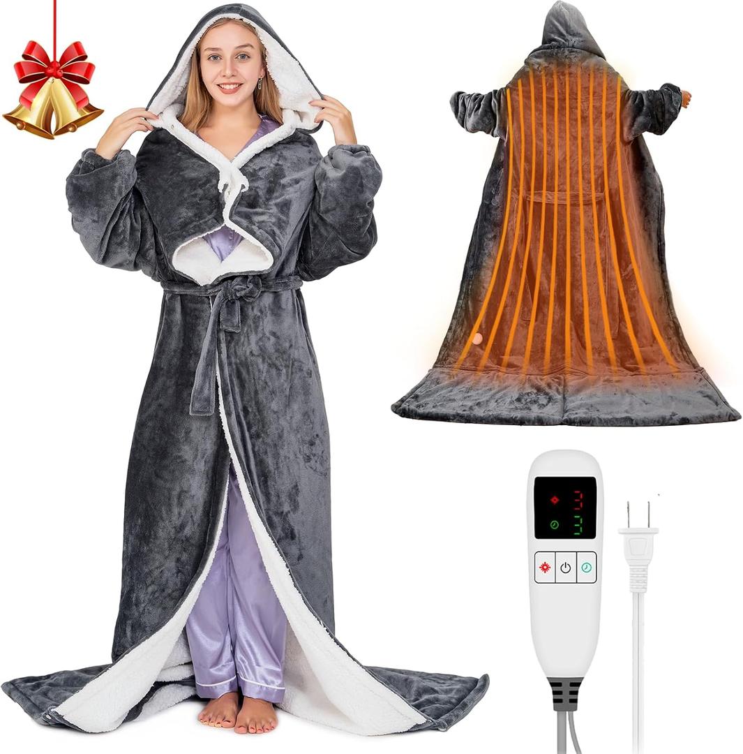 Wearable Heated Blanket for Women with Removable FootPocket,Electric Snuggle Heated Blankets Hoodie with Sleeves Heated Robe Flannel & Sherpa Heating Throw Blanket Shawl with 9 Temp for Winter 50"x80" (Deep Grey)
