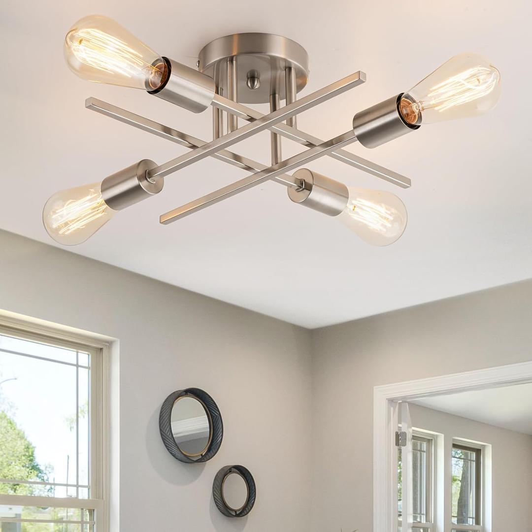 4-Light Modern Sputnik Chandeliers, Silver Mid Century Semi Flush Mount Ceiling Light Fixtures with E26 Base, Industrial Vintage Kitchen Farmhouse Light for Dining Room Bedroom Living Room