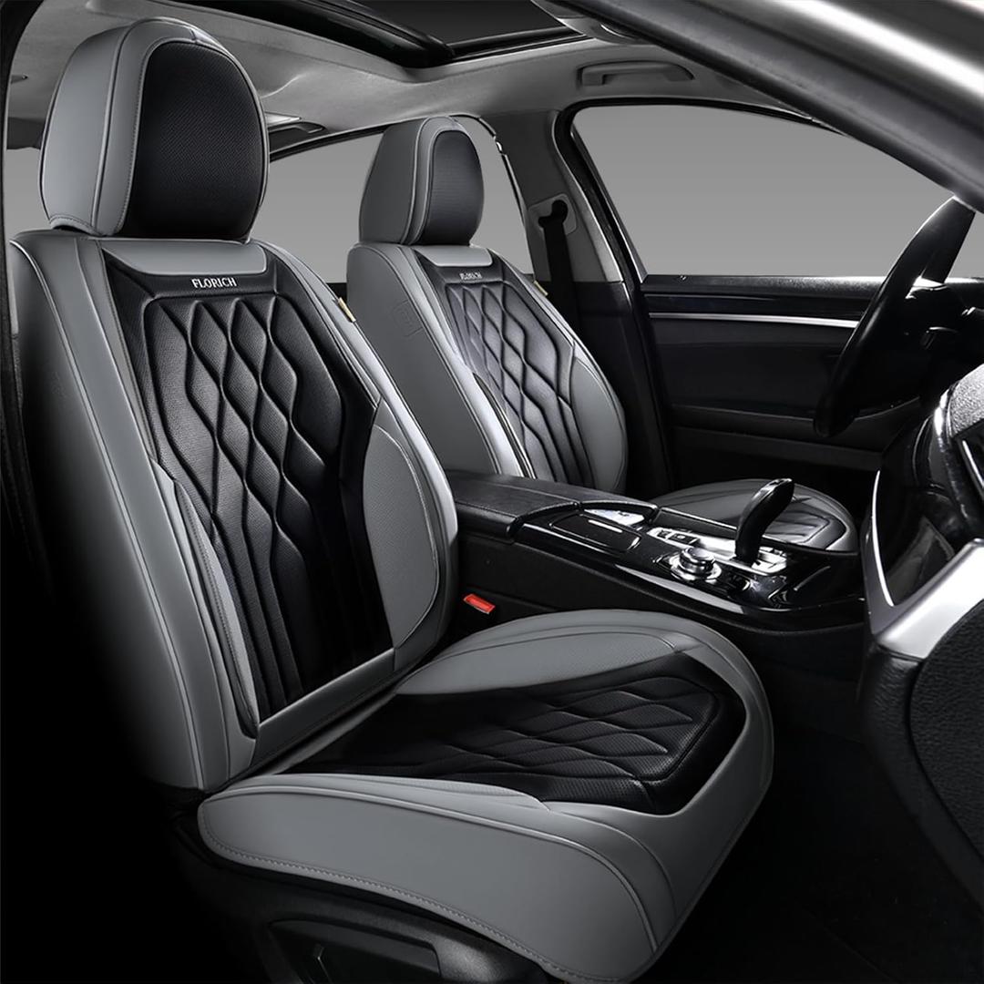 FLORICH Front Seat Covers, Leather Car Seat Protector, Waterproof Seat Covers for Cars, Black Seat Covers Universal Fit for Cars, Trucks, SUVs - Gray&Black