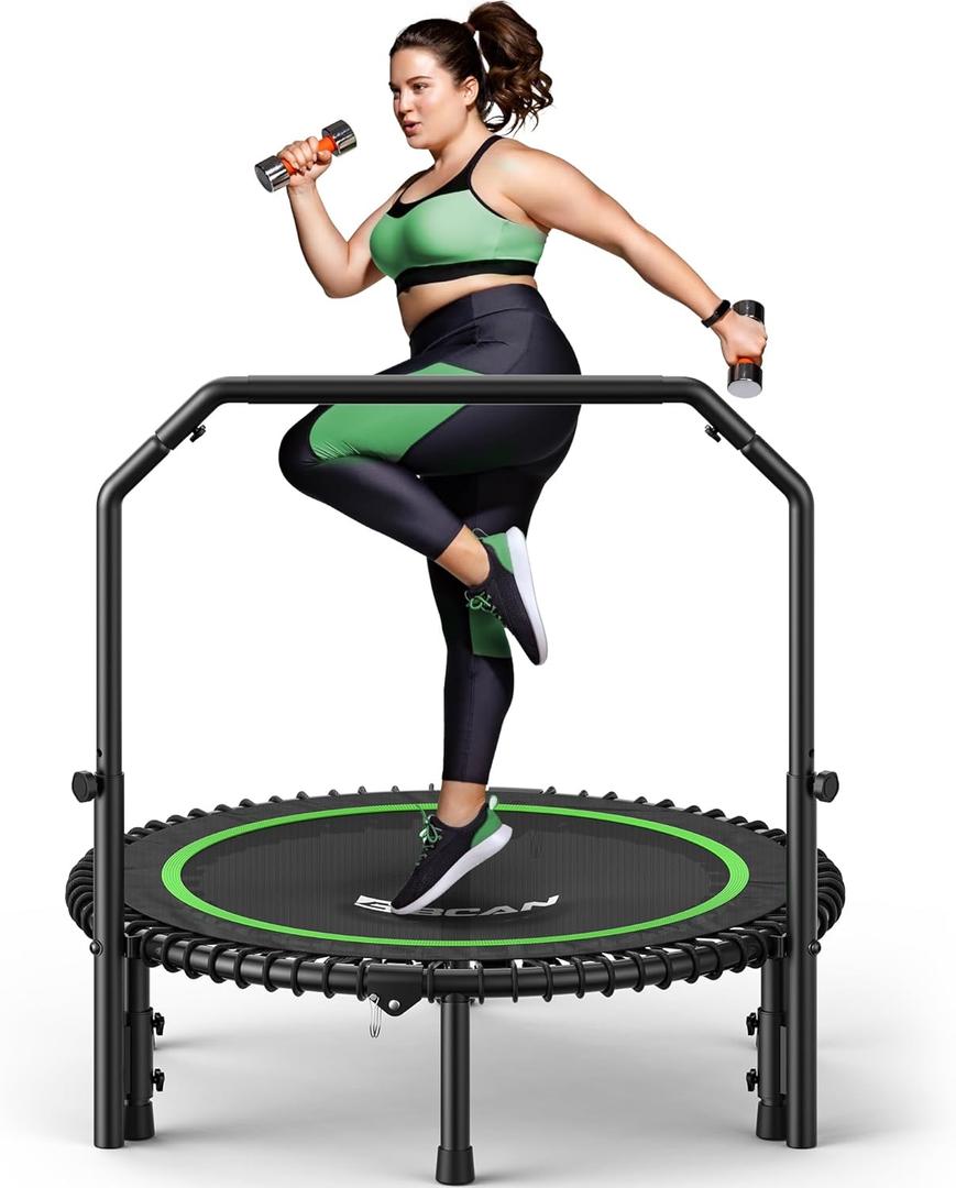 BCAN BT2 450/550LBS Mini Rebounder Trampoline for Adults with Bar, Fitness Trampoline with Bungees, Adjustable Handle, Stable & Quiet, Indoor Outdoor, Whole-Body Workout & Relaxation at Home-40IN/48IN, Green