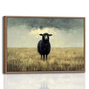 Framed Retro Black Sheep Canvas Wall Art Countryside Farmhouse Animal Oil Painting Print Vintage Rustic Wilderness Picture Poster Wall Décor for Living Room Bedroom Ready to Hang 12x16 Inches