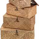 Set of 4 Wicker Storage Baskets with Lid, Handwoven Decorative Storage Boxes Multifunctional 4 Sizes Rattan Baskets Organizer for Home Office Shelves Clothes Toys Books (Brown)