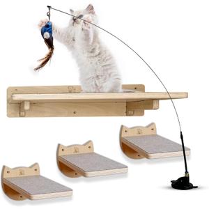 Snuggle & Play Cat Wall Shelves & Climbing System Modern Furniture Set with 3 Steps & Perch for Indoor Cats, Includes Wand Toy