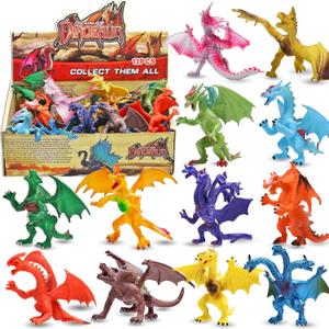 4 Inch Realistic Detail Dragon Toy Set with Gift Box, 12 Pcs Mini Dragon Figure in and Styles, Theme Party Favors Toy for Kids, Goody Bag Filler, Bulk Gifts, Cake Toppers