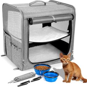 Suertree Cat Carrier for 2 Cats, Pet Travel Carrier for Cats and Small Dogs Up to 45 Lbs, Bowls, and Locking Zippers (15.9*14.5*15.5in (Single Carrier), Grey-1)