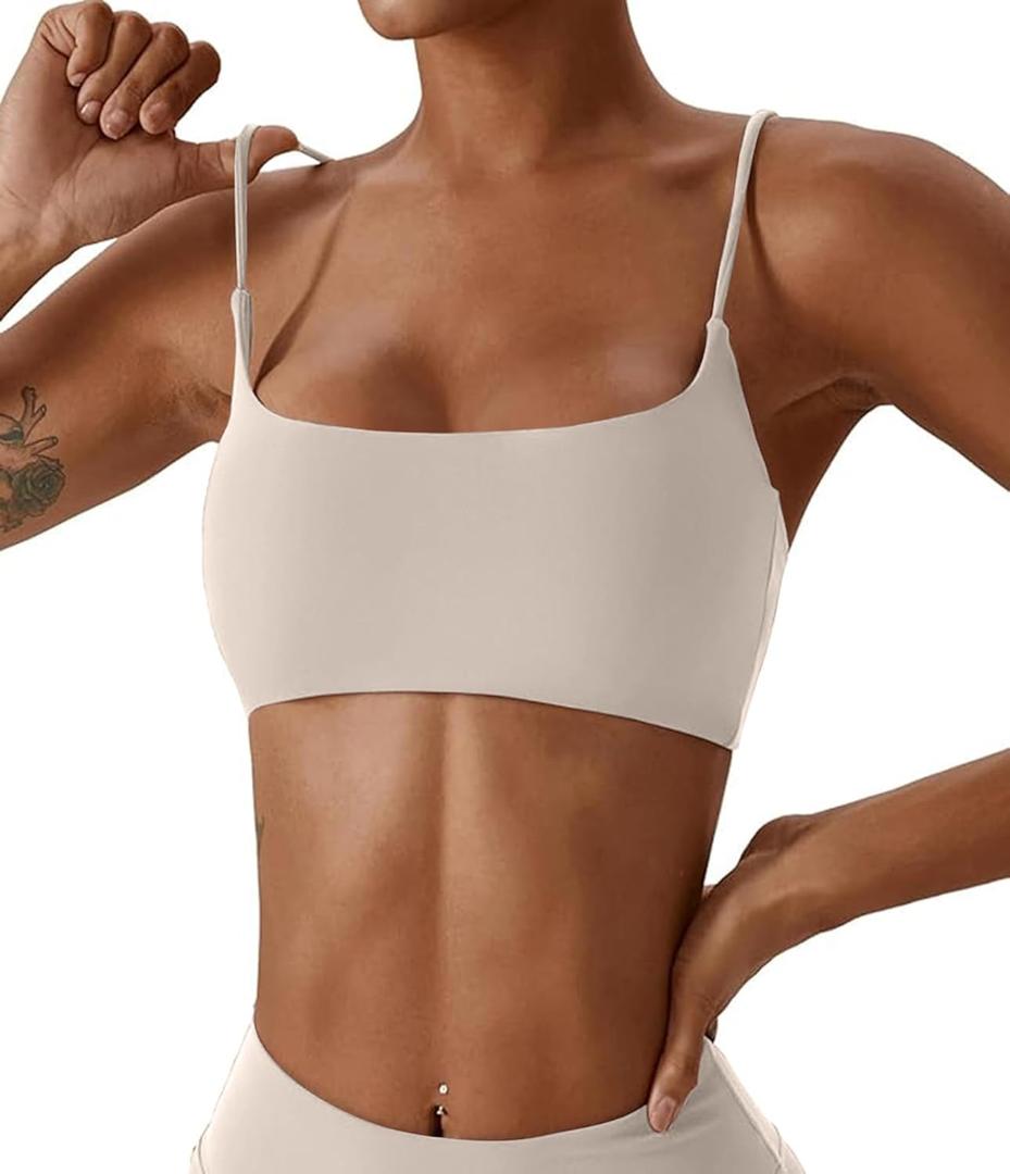 Comper Women's Sports Bras Wirefree Racerback Workout Bras Sexy Thin Straps Yoga Sport Bras with Removable Pads (Beige, Large)