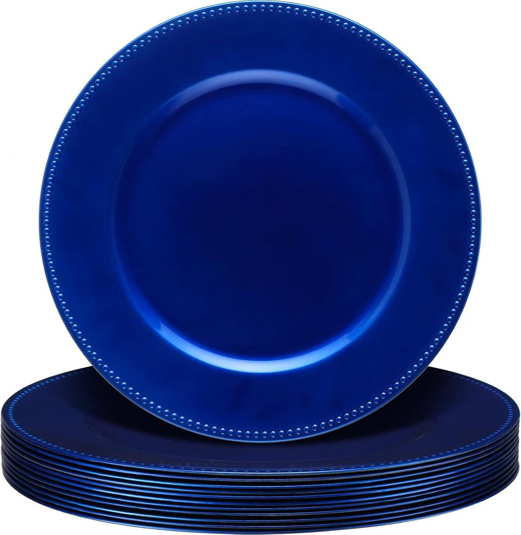 Gerrii 12 Pcs Metallic Bead Charger Plates 13 Inch Plastic Round Plates Bulk Wedding Beaded Chargers for Table Party Event Decoration(Ocean Blue)