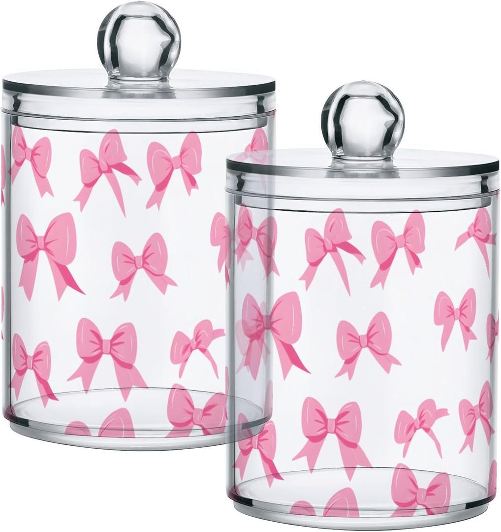 Pink Bow Bathroom Canister Set of 2 Qtip Holder Clear Plastic Jars Holder Dispense Bathroom Organizer Storage Jars with Lids Home Decor (MultiA003)