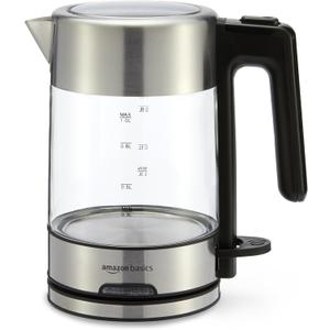 Amazon Basics Electric Kettle with Glass Carafe for Tea and Coffee, Fast Boiling, Auto Shut-Off, Boil-Dry Protection, Temperature Control, Removable Filter, 1 Liter, 1500W, BPA-Free