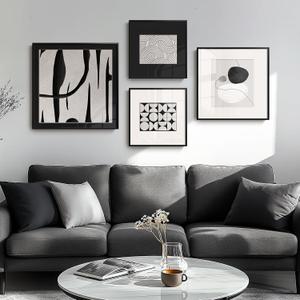 Framed Black and White Modern Abstract Set of 4 Wall Art, Large Minimalist Geometric Canvas Bohemian Paintings Wall Decor Art Prints Pictures for Living Room, Dining, Office (Black and White Modern)