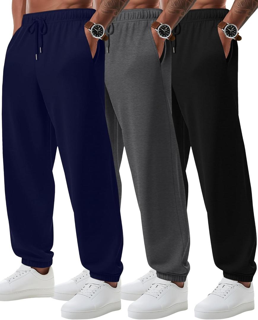 August Alley 3 Pack Big and Tall Sweatpants for Men Athletic Workout Jogger Lounge Pants with Pockets and Drawstring (4X-Large, Black, navy Blue, dark Grey)