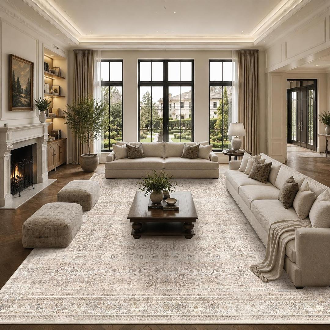 Schweek 10x14 Washable Large Area Rug Beige Neutral Vintage Distressed Rugs