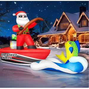 12FT Long Christmas Inflatables Santa Sea Fishing on Giant Boat, Christmas Decoration Outdoor Huge Blow Up Yard Decorations Large Blowups with LED Lights for Xmas New Year Holiday Party