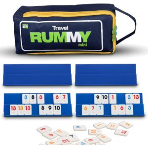 Point Games Classic Mini Rummy Game Set with 4 Exclusive Folding Playing Racks in Super Durable Travel Bag, for 2-4 Players Great Gift for Adults and Kids