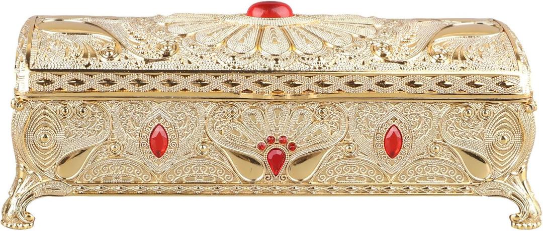 Tyenaza Vintage Jewelry Box, Carved Elegant Gold Colorfast Alloy Soft Velvet Lining Trinket Storage Box for Dressing Table Shelf Party Wedding