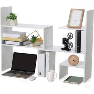 Expandable Dorm Desk Dutch Adjustable Desktop Bookshelf Wooden Desktop Storage Organizer Bookcase Cubby Book Rack for College Dorm Home Office Furniture(White)