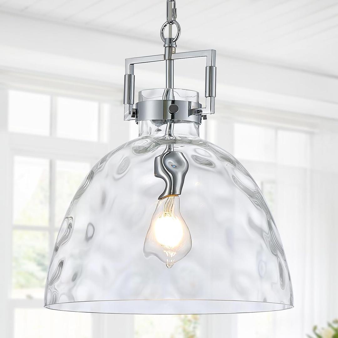 Glass Pendant Light, 13.8 Inch Single Hanging Ceiling Light with Adjustable Chain, E26 Base Oversized Hammered Clear Glass Kitchen Island Pendant Lighting in Polished Chrome for Dining Room, Entryway, 14 inches