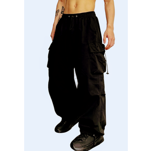 ZAFUL Flat Pocket Parachute Pants for Men Casual Baggy Cargo Pants Unisex Street Y2K Pants Drawstring Trouser, Color 1-black, Size XXL