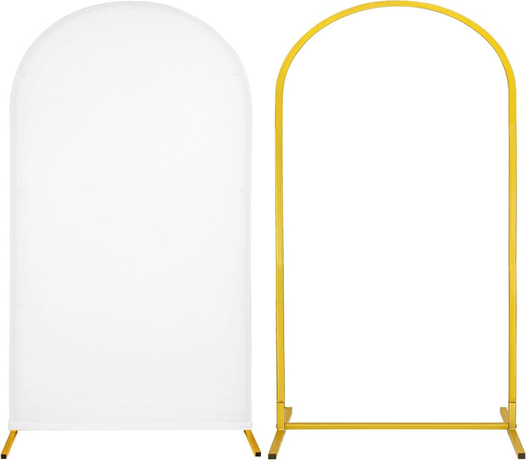 Metal Arch Stand and Cover Set, White Spandex Fitted Backdrop with  Gold Wedding Arched Stand Frame for Parties Birthday Baby Shower Bridal Banquet Decoration (7.2FT), Set of 2 
