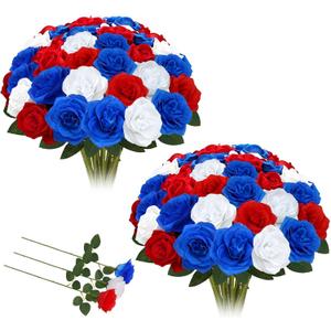 50 Pcs Artificial Red White and Blue Roses Patriotic Flowers 4th of July Fake Silk Roses with Long Stems for Table Centerpieces Memorial Day Party Home Outdoor Decor