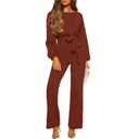 Bbkkuck Women's Dressy Jumpsuit Fall One Piece Long Sleeve Belt Pockets Wide Leg Pants Romper Business Casual Outfits (Brown, M)
