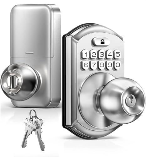 TEEHO TE003 Keyless Entry Keypad Door Lock with Handle, Electronic Digital Smart Locks for Front Door, Smart Door Knob with Code for Bedroom, Auto Lock, Passage Mode, Easy to Install, Satin Nickel