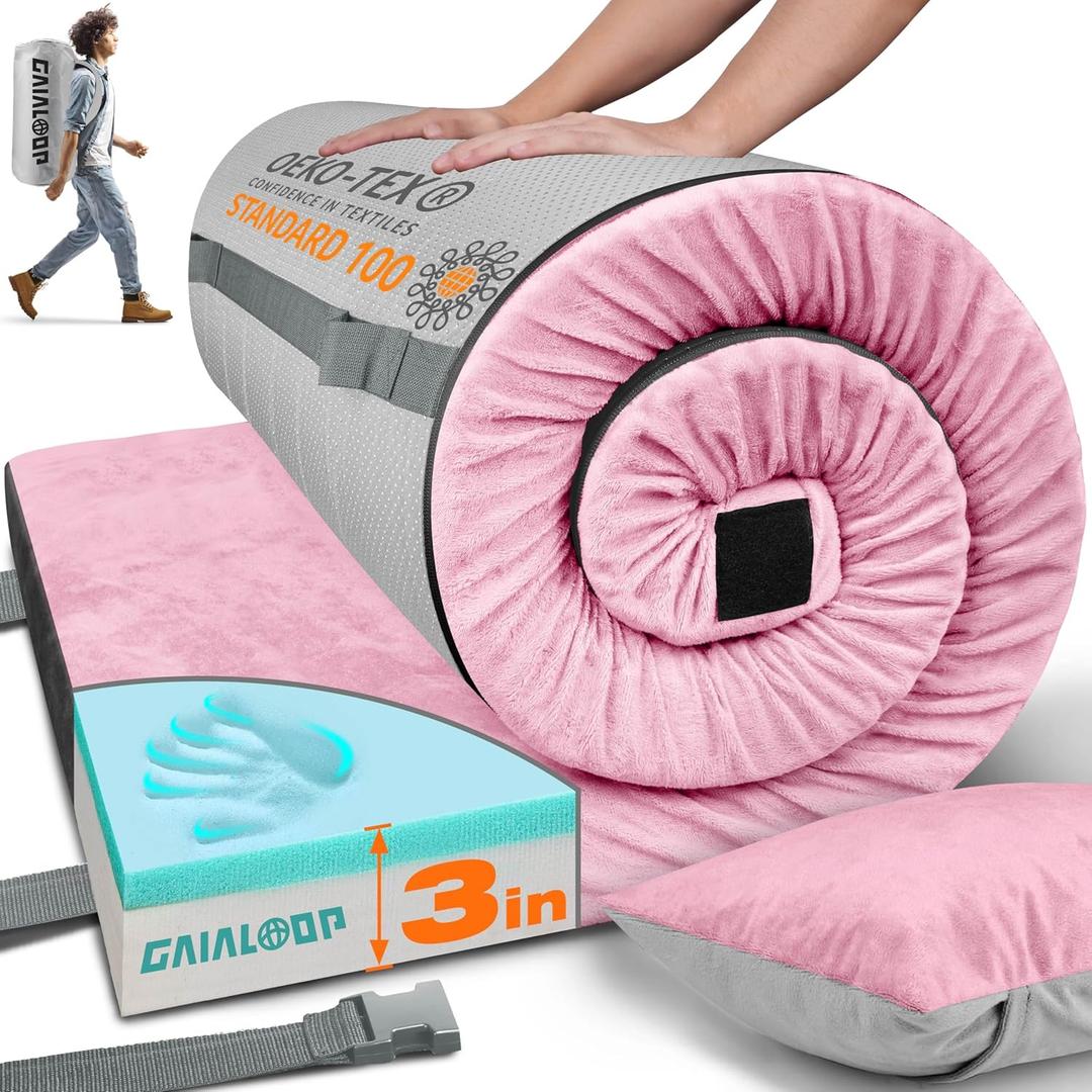 Gaialoop 3 Inch Memory Foam Camping Mattress, Dual Layer Thick Sleeping Camp Pad for Car Tent Cot, Roll-Up Portable Glamping Floor Bed for Guests Sleepover[Cot: 72 * 24 * 3"] Sakura Pink