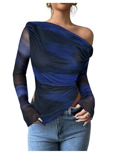 RoseSeek Women's Off Shoulder Tie Dye Mesh T Shirt Long Sleeve Asymmetrical Hem Ruched Fitted Tee Tops Deep Blue Medium