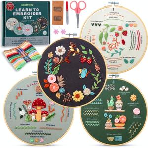 Craftwiz 4-Piece Starter Embroidery Kit for Beginners with Simple Patterns, Learn to Embroider 31 Stitches with Hand Embroidery Kit